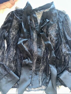 Zara Black Lace Sheer Bow-Tie Blouse